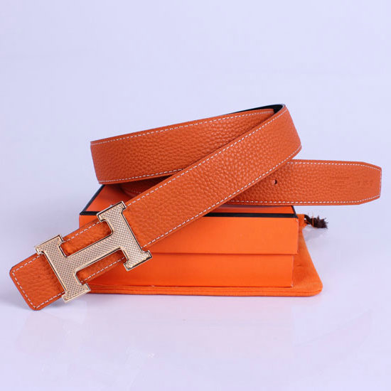 Hermes Classic Stripe Leather Reversible Belt Orange/Black Rhomb